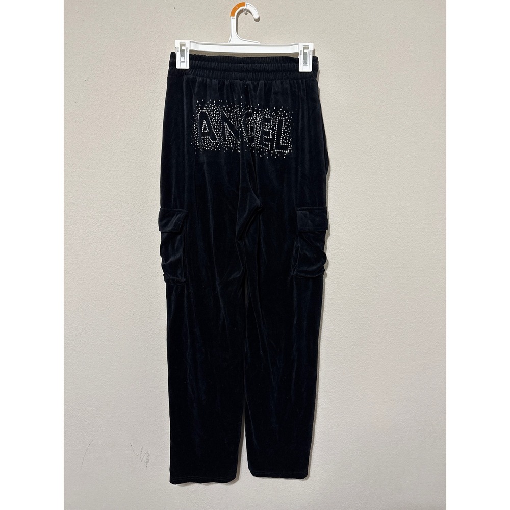 rue21 Velour Cargo‎ Pants Womens XS Black Rhinestone Angel Y2K McBling Velvet